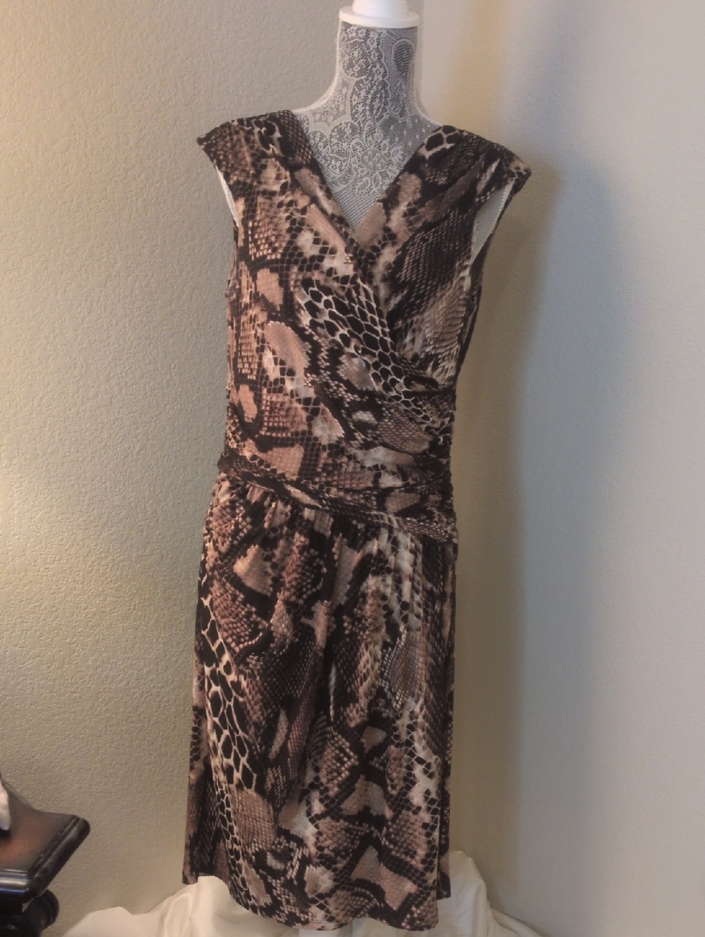 Ralph Lauren Sleeveless Snake-Print Wrap Dress in Brown and Black